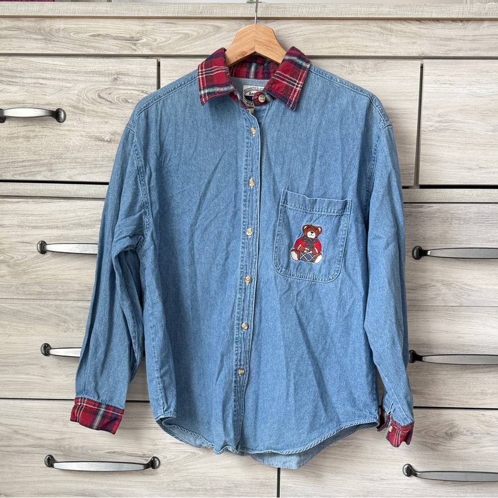 Plaid-Trim Denim Button-Down Shirt with Bear Embroidered Pocket -Grandmacore